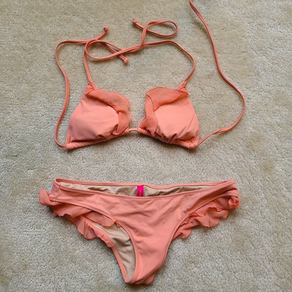 EUC Victoria's Secret Ruffle Triangle Bikini Set Peach Size Small